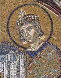 Mosaiken in der Hagia Sophia, Szene: Maria als Stadtheilige Istanbuls, Detail: Kaiser Konstantin der Große mit dem Stadtmodell © public domain